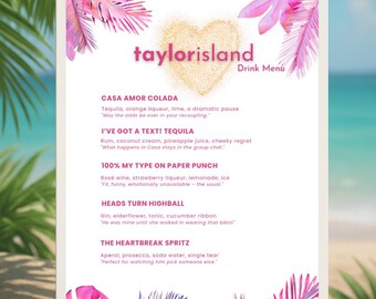 Editable Tropical Villa Cocktail Menu – Canva Template for Bachelorette, Birthday & Girls’ Night – Digital Download