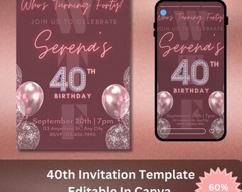 Rose Gold 40th Birthday Invitation: Editable Party Template (Digital Download