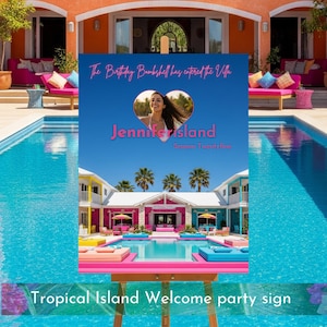 Editable Tropical Villa Welcome Sign – Canva Template for Bachelorette, Birthday, or Island Getaway Party