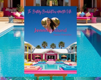 May include: A welcome sign for a tropical island party. The sign is propped up in front of a pool and a villa. The sign has the text "The Birthday Bombshell has entered the Villa" and "Jennifer Island".