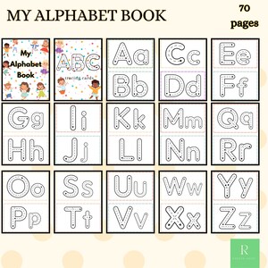 May include: A children's alphabet book with the title "MY ALPHABET BOOK" and the text "70 pages." The book features tracing cards for each letter of the alphabet, from A to Z. Each card has a dotted line for tracing the uppercase and lowercase letters.