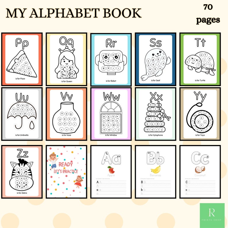 May include: A children's alphabet book with 70 pages. Each page features a letter of the alphabet with a corresponding image and word, such as "Pizza" for "P" and "Umbrella" for "U". The book is designed for early learning.