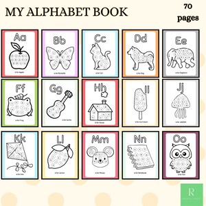 May include: A children's alphabet book with the title "MY ALPHABET BOOK" and the text "70 pages". Each page features a letter of the alphabet with an illustration and the word that starts with that letter. The illustrations are in black and white.
