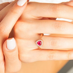 Ruby and Diamond Heart Ring in 14k Solid Gold - Heart Shaped Red Ruby Gemstone Ring for Women - Love Heart Band Ring - Birthstone Jewelry