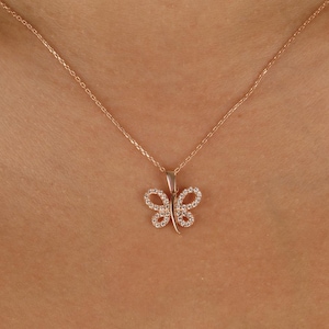 Collana con ciondolo a farfalla con diamanti in oro massiccio 14k - Collana a farfalla minimalista da donna - Regalo perfetto per lei - Gioielli a farfalla
