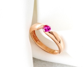 14k Solid Gold Ruby Solitaire Engagement Ring for Women - Red Ruby Gemstone Ring - Gold Stacking Ring -14k Yellow Rose or White Gold Jewelry