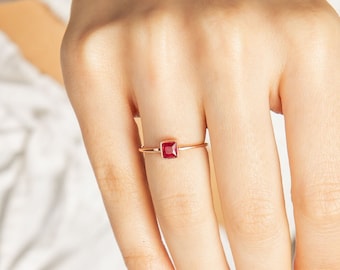 14k Solid Gold Ruby Ring | Square Cut Ruby Birthstone Ring for Women | Red Ruby Stone Stackable Ring | Bridal Jewelry Gift for Ladies
