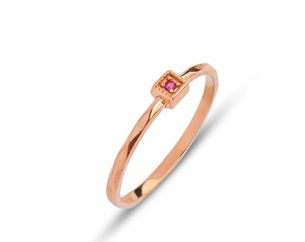 Red Ruby Ring in 14k Solid Gold for Women - Thin Delicate Ruby Gemstone Ring - Square Shaped Ruby Stacking Ring for Ladie's - Perfect Gifts