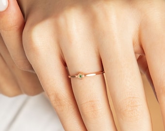 14k Solid Gold Emerald Ring for Women - Hexagonal Green Emerald Gemstone Stacking Ring - Minimalist Ring - Thin Delicate Ring - Gift for Her