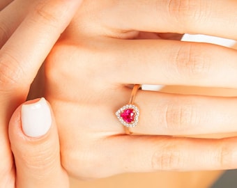 Ruby and Diamond Heart Ring in 14k Solid Gold - Heart Shaped Red Ruby Gemstone Ring for Women - Love Heart Band Ring - Birthstone Jewelry