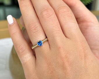 14k Real Solid Gold Heart Shaped Sapphire Ring | Sapphire Romantic Ring for Women - Love Birthday Jewelry - Perfect Gift for Ladie's Her