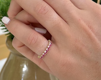 14k Solid Gold Ruby and Diamond Eternity Band Ring, Micro Pave Ruby Diamond Ring, Unique Wedding Band, Birthstone Jewelry Perfect Gift Women
