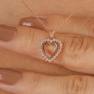 14k Solid Gold Diamond Double Heart Necklace - Gold Twin Hearts Pendant - Heart Shaped Charm Necklace - Love Necklace - Couple&#39;s Gifts Her