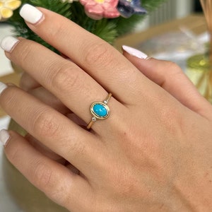 14k Solid Gold Turquoise Ring, Turquoise and Diamond Stacking Ring, Oval Cut Turquoise Ring, 3 Stone Ring, Bridal Jewelry, Bridesmaid Gifts