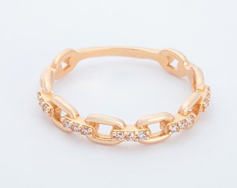 14k Solid Gold Chain Ring - Diamond Link Chain Ring for Women - Dainty Stacking Ring - Minimalist Chain Ring - Handmade Gold Jewelry Ladie's