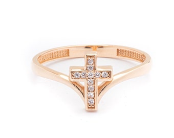 14k Solid Gold Cross Ring for Women | Christian Ring | Diamond Cross Ring | Protection Ring | 14K Real Gold Christian Jewelry