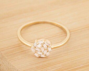 14k Solid Gold Baguette Diamond Ring, Art-Deco Diamond Ring, Cluster Engagement Ring, Anniversary Gift, Mother's Day Gift, Valentines Gift