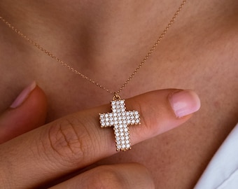 14k echt massief gouden kruisketting | Christelijke ketting voor vrouwen | Diamanten kruisketting | Bescherming ketting | Christelijke sieraden