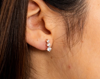 14k Solid Gold Trio Earrings | Diamond Trio Minimalist Earrings | Three Stone Diamond Earrings | Stud Earrings for Women | Gift for Her