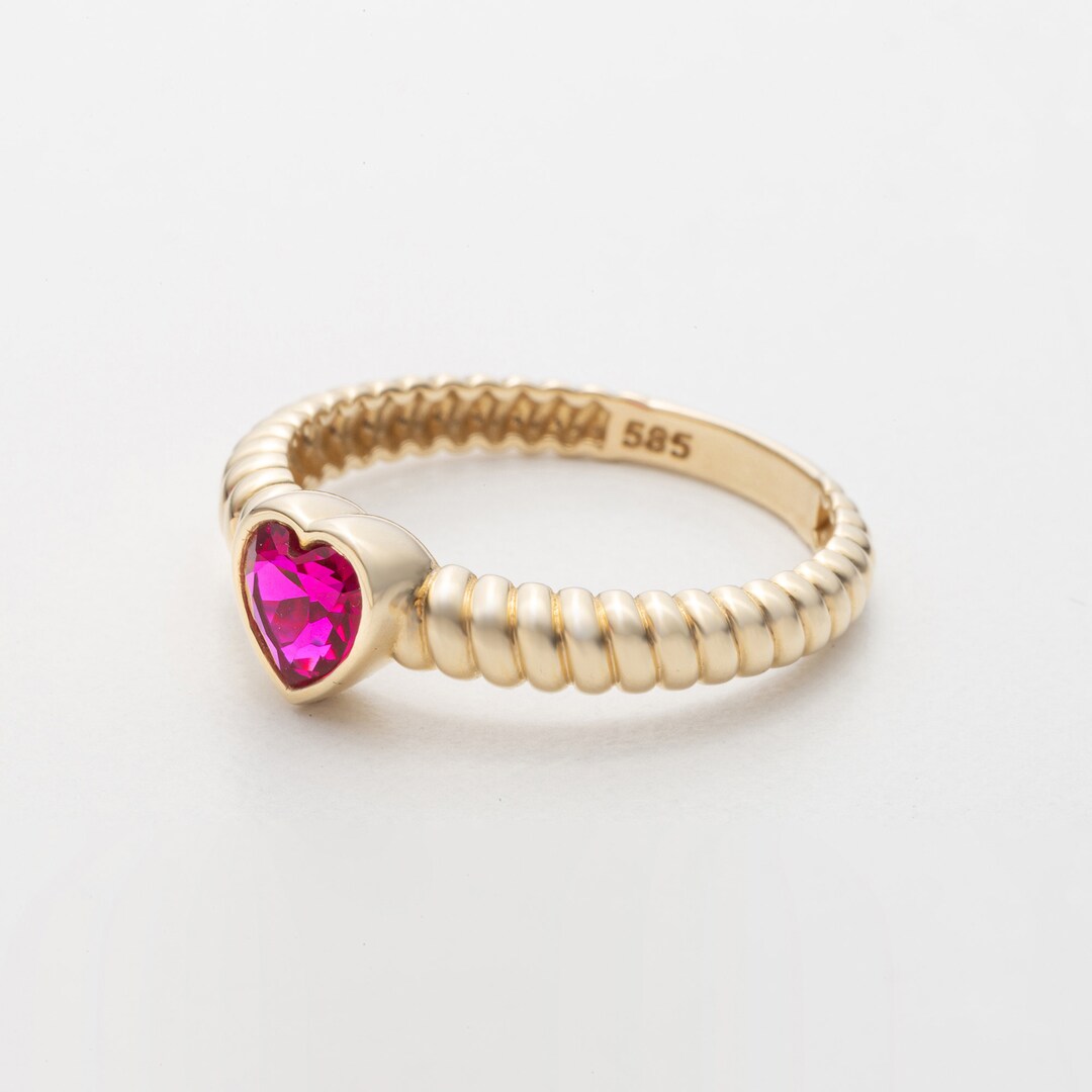 14k Solid Gold Heart Shape Natural Ruby Ring | 14k Gold Ruby Beveled ...