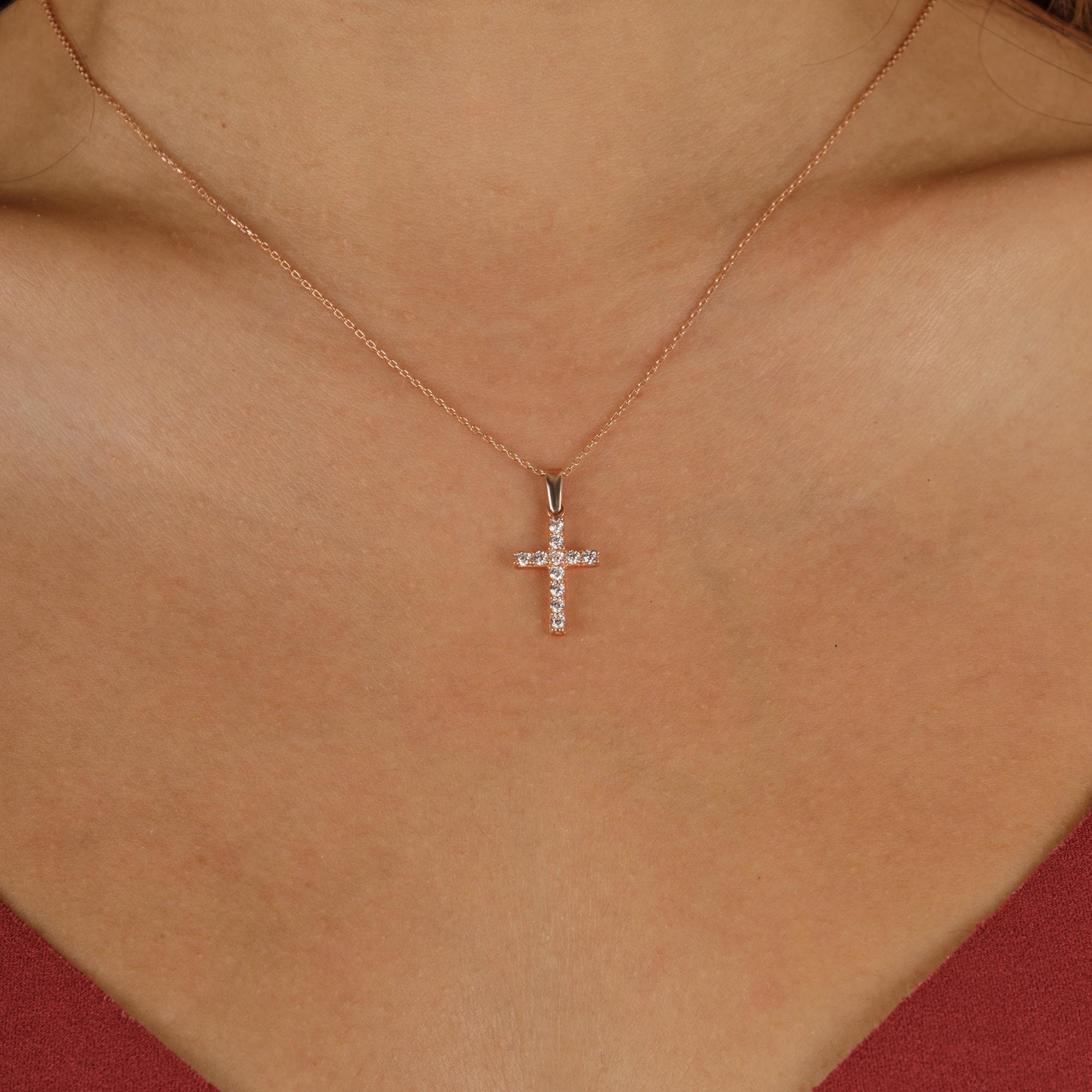 14k Solid Gold Diamond Cross Necklace - Diamond Cross Necklace - Christian Faith Necklace - Protection Necklace - Religious Jewelry