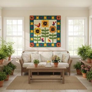 Op de afbeelding: Een grote, vierkante quilt met een zonnebloem- en vogelontwerp. De quilt heeft een crèmekleurige achtergrond met gele zonnebloemen, groene stelen en kleurrijke vogels. De rand is turquoise met gele en rode stervormige accenten.