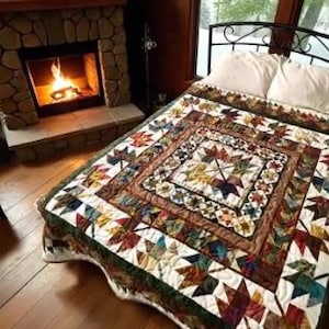 May include: A colorful quilt with a star pattern on a bed in a cozy room. The quilt features a mix of autumnal colors, including red, green, and brown. A fireplace with a lit fire is visible in the background.