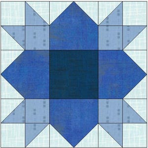 以下が含まれることがあります： 青と白のキルトブロックで、星の形をしています。ブロックの中央は濃い青色の正方形で、その周りを4つの薄い青色の三角形が囲んでいます。ブロックの外縁は8つの白い三角形で構成されています。