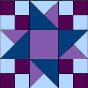 May include: A quilt block featuring a star design in shades of blue and purple. The star is surrounded by a border of alternating light blue and dark purple squares.