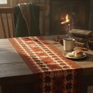 Könnte beinhalten: Ein rustikaler Holztisch ist mit einem gemusterten Tischläufer in Rot-, Braun- und Cremetönen geschmückt. Eine Tasse Kaffee, ein Teller mit Gebäck und Bücher sind auf dem Tisch angeordnet. Eine gemütliche Szene mit einem Kamin im Hintergrund.