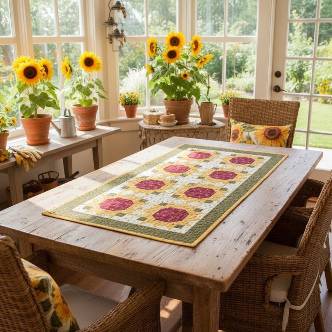 ひまわりのテーブルランナーパターン：花柄縫製プロジェクト（PDF