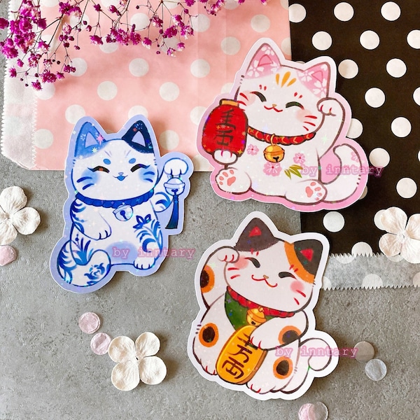 Lucky cat sticker | Sparkly cute cat sticker | Maneki neko die cut sticker | Cute for laptop bullet journal water bottle and cat lovers