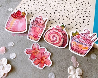 Cute Japanese Sweets Waterproof Vinyl Die Cut Stickers | Sakura Japanese Desserts stickers | Japanese food / Cherry blossom dessert sticker