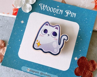 Ghost cat Wooden Pin Badge | Cute Halloween Witchy Spooky Pin, Ghostkitty Pin | Kawaii ghost pin, cat lover gift, Backpack Accessories