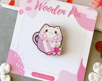 Cat Cafe Wooden Pin Badge | Cat Sakura | Cute cat wooden pin, cat lover gift | Kawaii neko pin, cat pin, Coffee cat, Backpack Accessories
