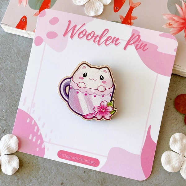 Cat Cafe Wooden Pin Badge | Cat Sakura | Cute cat wooden pin, cat lover gift | Kawaii neko pin, cat pin, Coffee cat, Backpack Accessories