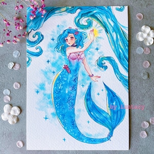 Ocean Mermaid Art Print | Pastel blue mermaid | Anime print, Watercolor print, Fantasy Illustration, Fine art - Original Print