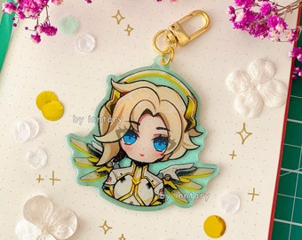 Llavero Mercy de Overwatch 2 / Charm acrílico con purpurina de doble cara de 7,6 cm / Llavero Chibi Mercy / Charm principal de Mercy