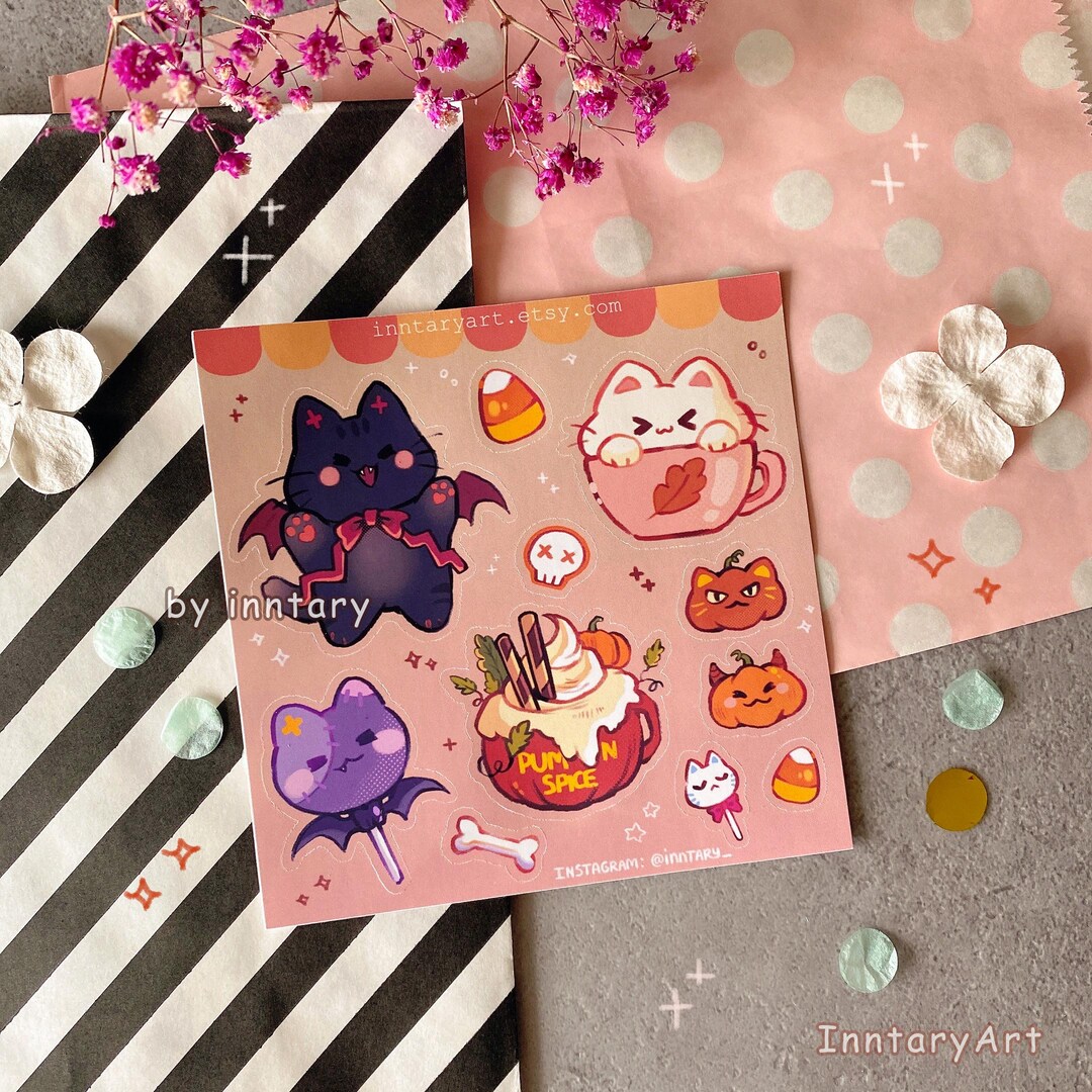 Cute Cat Halloween Sticker Sheet - Cute Fall Stickers | Spooky Cat ...