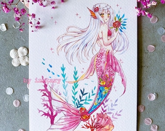 Flower Mermaid Art Print | Pastel mermaid | Anime print, Watercolor print, Fantasy Illustration, Fine art - Original Print
