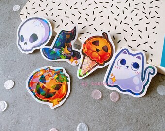 Zestaw naklejek na Halloween Kawaii | Straszne naklejki | Urocze naklejki na laptopa, do dziennika Bullet Journal, butelki na wodę, telefonu / Naklejka wiedźmińska | Nietoperz z dyni Witchcore