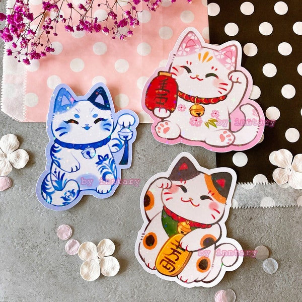 Lucky cat sticker | Sparkly cute cat sticker | Maneki neko die cut sticker | Cute for laptop bullet journal water bottle and cat lovers