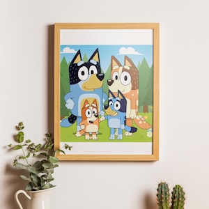 Bluey Familie Porträts Kundenspezifische Bluey Porträts Bluey Art Geschenk Digitales Bluey Porträt Bluey Familie Kunstdruck Bluey Stil Familienporträt