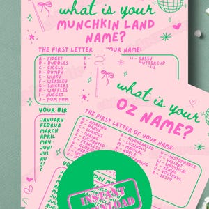 Was ist Ihr Oz Name & Munchkin Land Name - Wicked Party Printable Set | Sofortiger Download, Oz-Party-Spiel, Namensaktivität, Die Zauberer von Oz Party