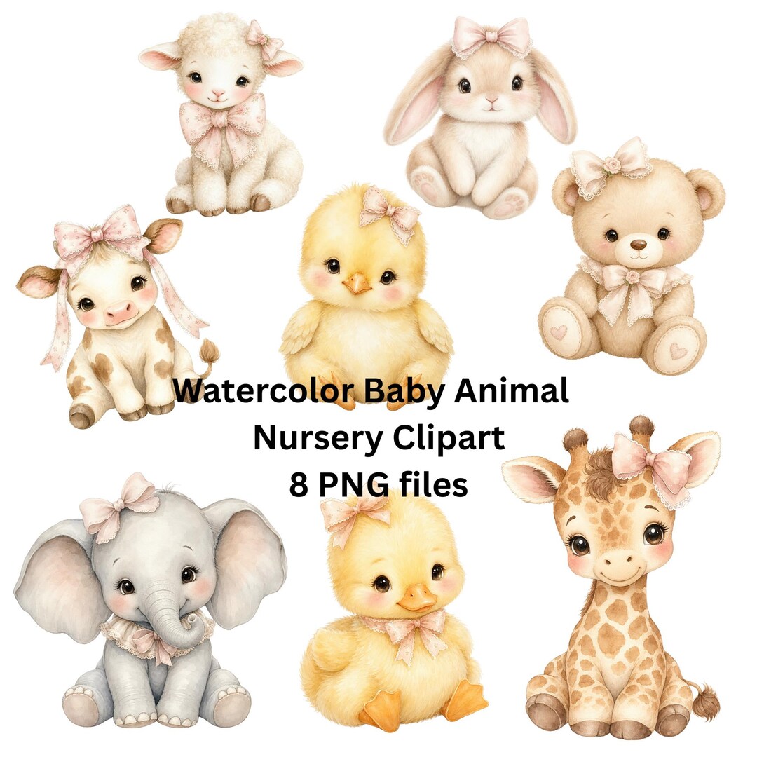 Baby Animal Clipart Bundle, Watercolor Nursery Animals PNG, Cute Baby ...