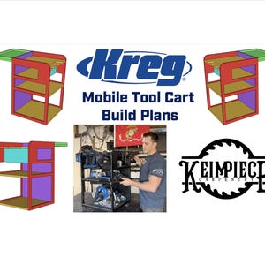 Puede incluir: Imagen de un plano de construcción de un carro de herramientas móvil con el logotipo de Kreg. El diseño del carro se muestra en una ilustración colorida con elementos rojos, morados, verdes y amarillos. El texto dice "Mobile Tool Cart Build Plans".