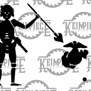 May include: Black silhouette of a figure holding a spear and a club, with an eagle emblem and three dots. The background features a repeating pattern of a logo that says "KEIMPIECE CARPENTRY".