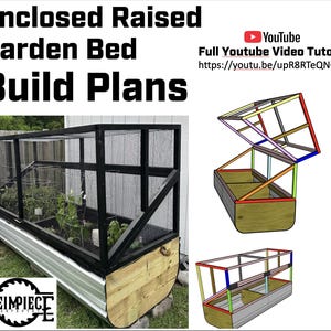 Può includere: Un'aiuola rialzata chiusa con progetti di costruzione. Il letto presenta un telaio nero, una rete metallica e una base in legno. Il testo "Enclosed Raised Garden Bed Build Plans" è in alto. È incluso anche un link a un tutorial video di YouTube.