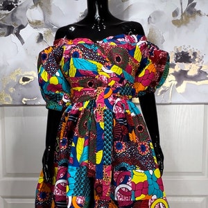 ADESUA Women&#39;s African Print Puff Sleeve Mini Dress. African Print Patchwork Dress. African Plus Size Dress. Ankara Patchwork Party Dress