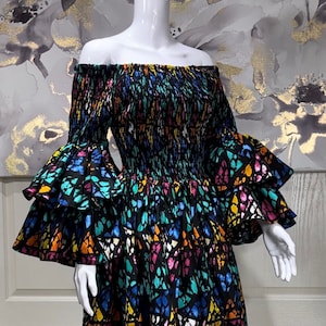 African Print Smocked Dress: Women&#39;s Ankara Flared Sleeve Cotton Dress